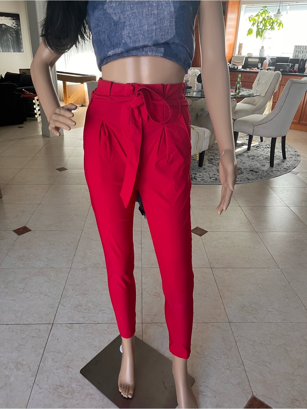Lot of 3 Red High-Waist Tie-Belt Paperbag Pants sz small